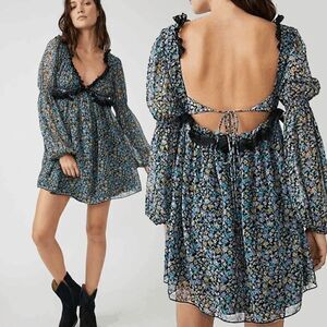 Free People Pennie Floral Print Ruffle Long Sleeve Minidress - Blue